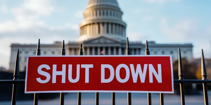 Shut Down sign on a fence in front of the United States Capitol Building.