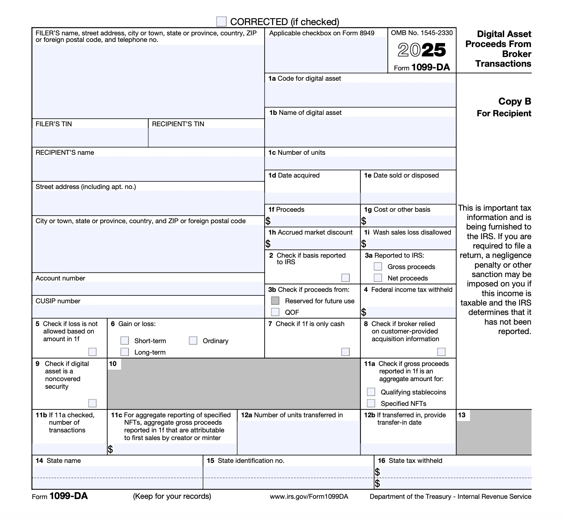 IRS Form 1099 DA 2025 Report Digital Assets