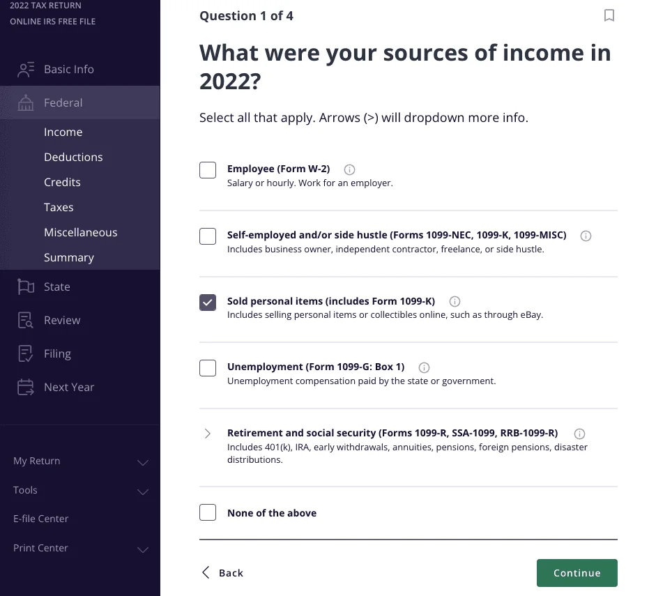 What were your sources of income in 2022 screen within TaxAct product