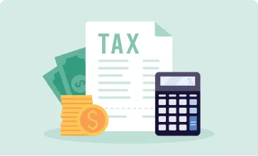 An image of tax forms and a calculator with refund money.