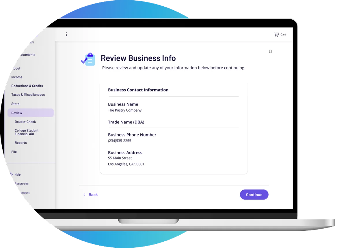 Laptop with TaxAct products display clipped in ellipse for business product page