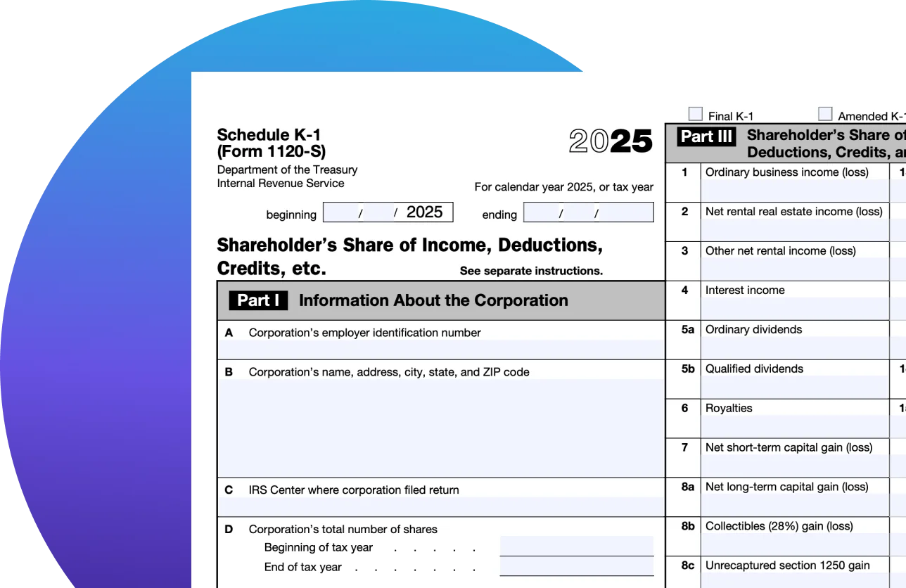 Schedule K1 for IRS 1120s tax form