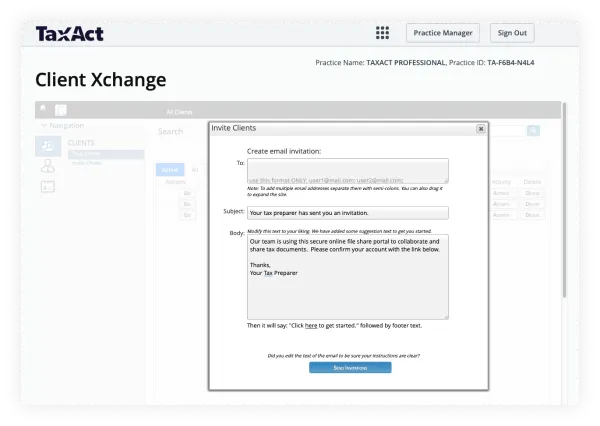Screen capture of a TaxAct professional Client Xchange dashboard with a popup to invite clients