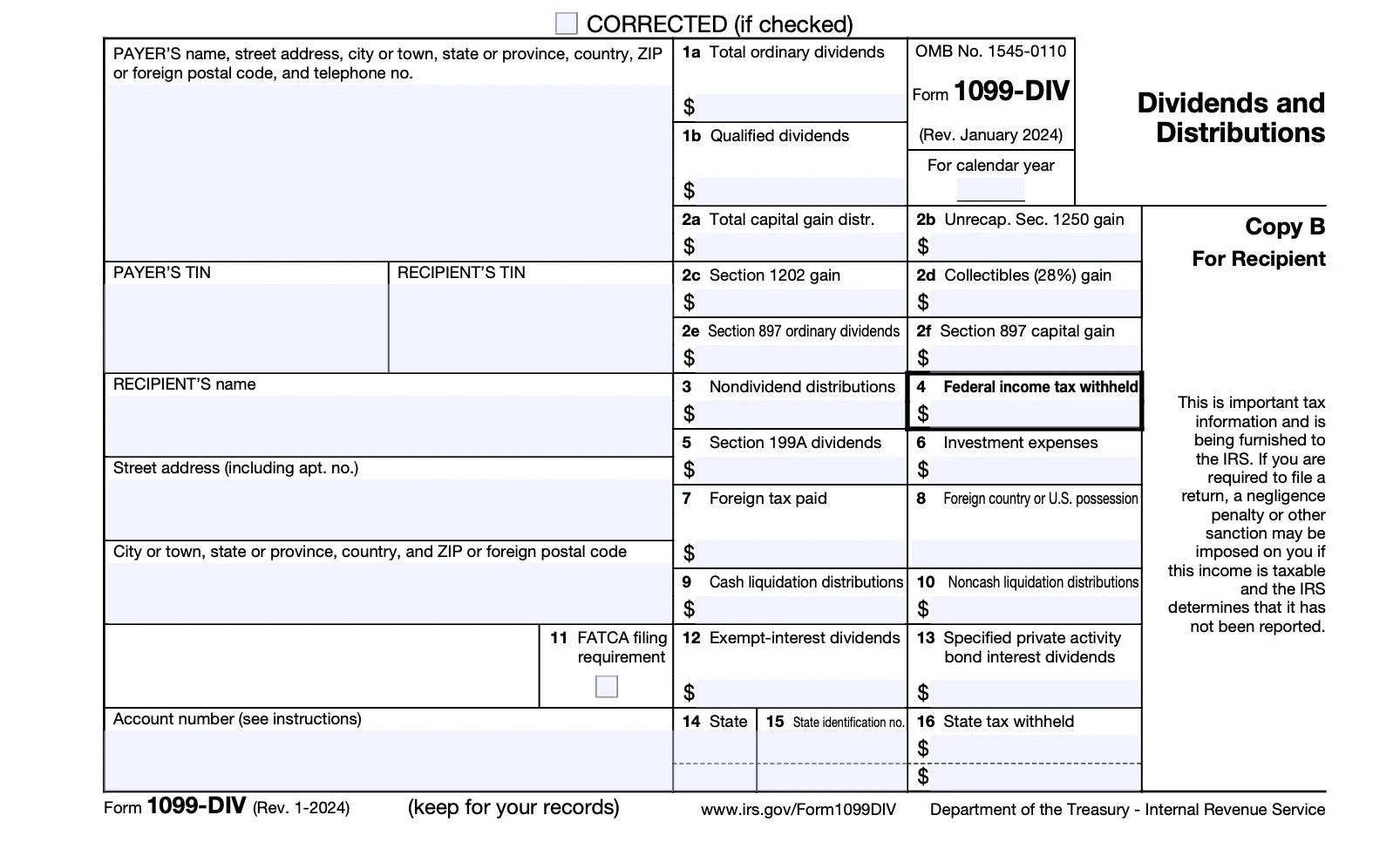 IRS Form 1099 DIV 2025 Dividends and Distributions