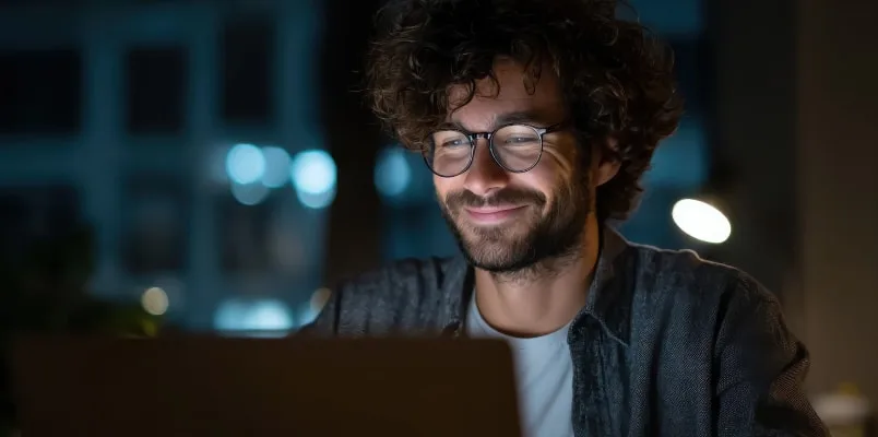 Man in a dark room looking at a computer researching no tax on overtime.
