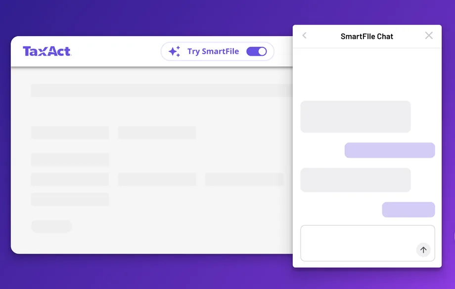 Screenshot of the SmartFile AI toggle and chat panel in TaxAct Online