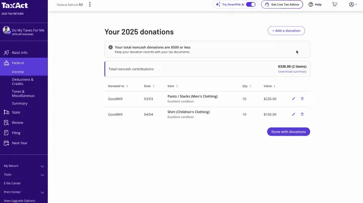 Screenshot of the TaxAct Donation Assistant Your 2025 donations screen showing an itemized ledger of noncash charitable donations with fair market values and total contributions
