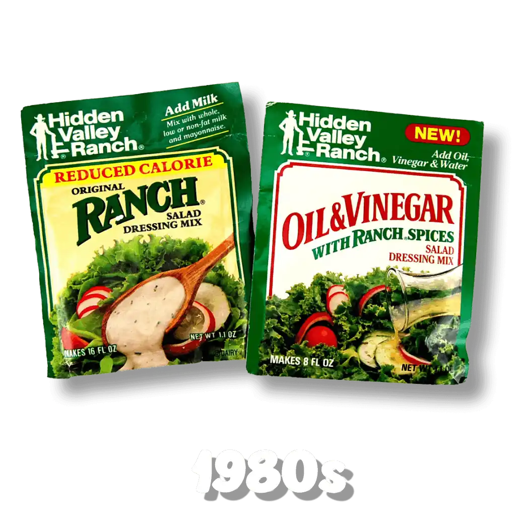 Hidden Valley Ranch reduced-calorie and oil & vinegar dressing mix packets from the 1980s.