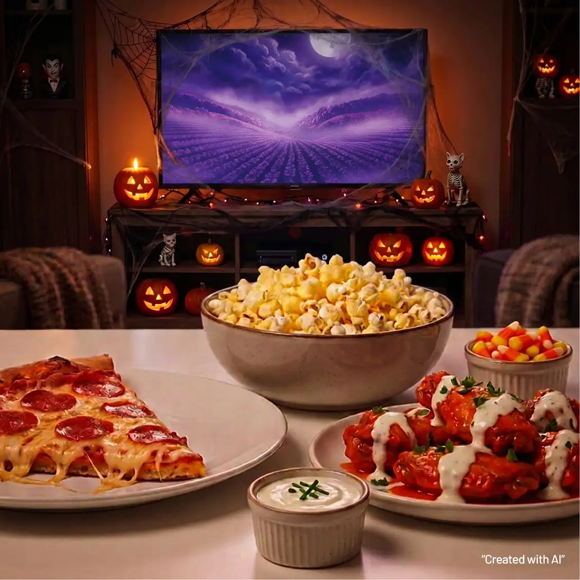Halloween movie night snacks with popcorn, pizza, wings, and glowing jack-o’-lanterns