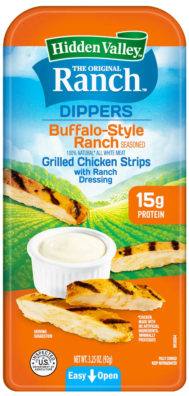 Package of Hidden Valley™ Buffalo-Style Ranch Seasoned Chicken Dippers with Ranch Dressing