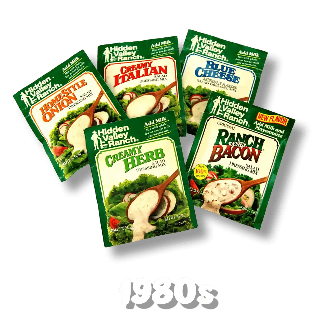 Vintage Hidden Valley Ranch seasoning mix packets from the 1980s product lineup.