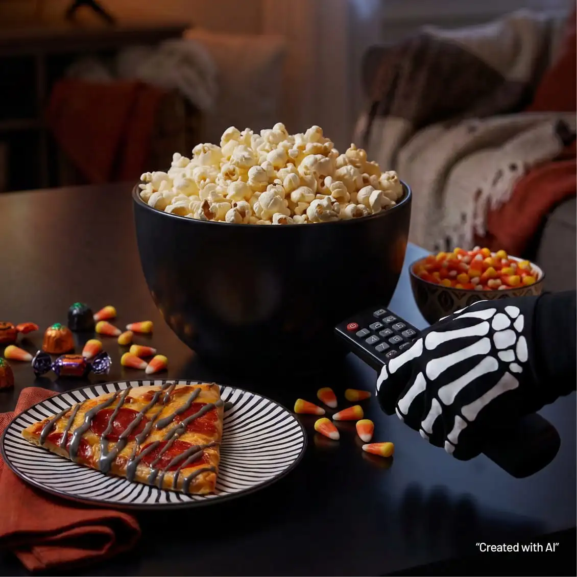 Halloween movie night spread with popcorn, pizza, candy corn, and a skeleton hand holding a remote