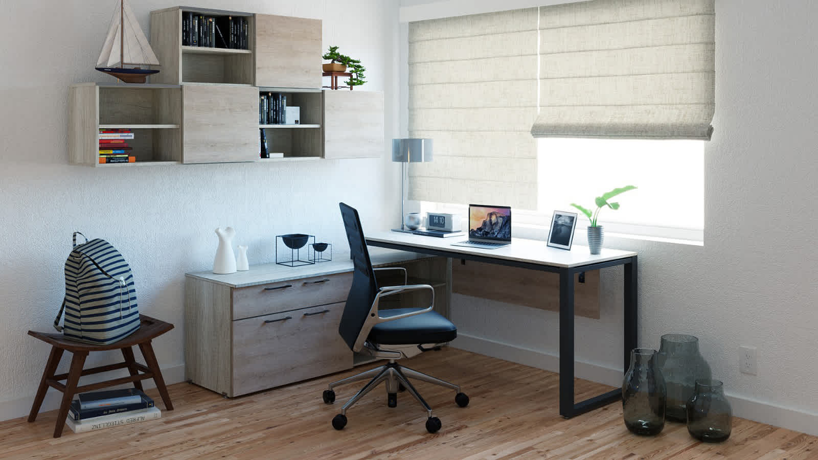 36. Escritorio sobre credenza + Panel de privacidad bajo cubierta