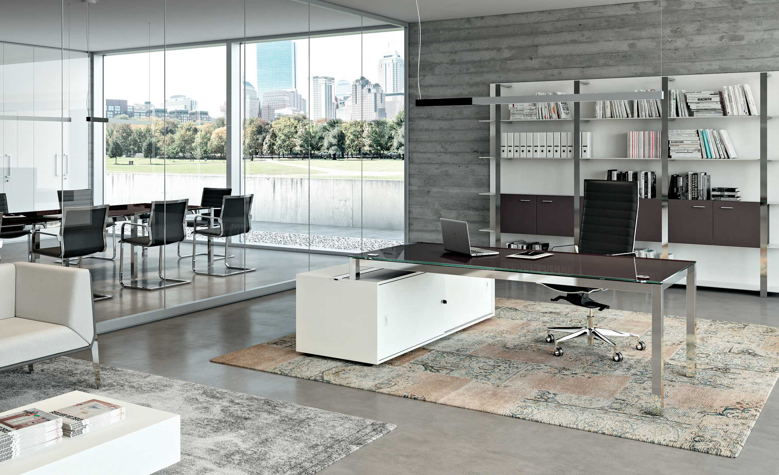27. Escritorio sobre credenza con puertas corredizas