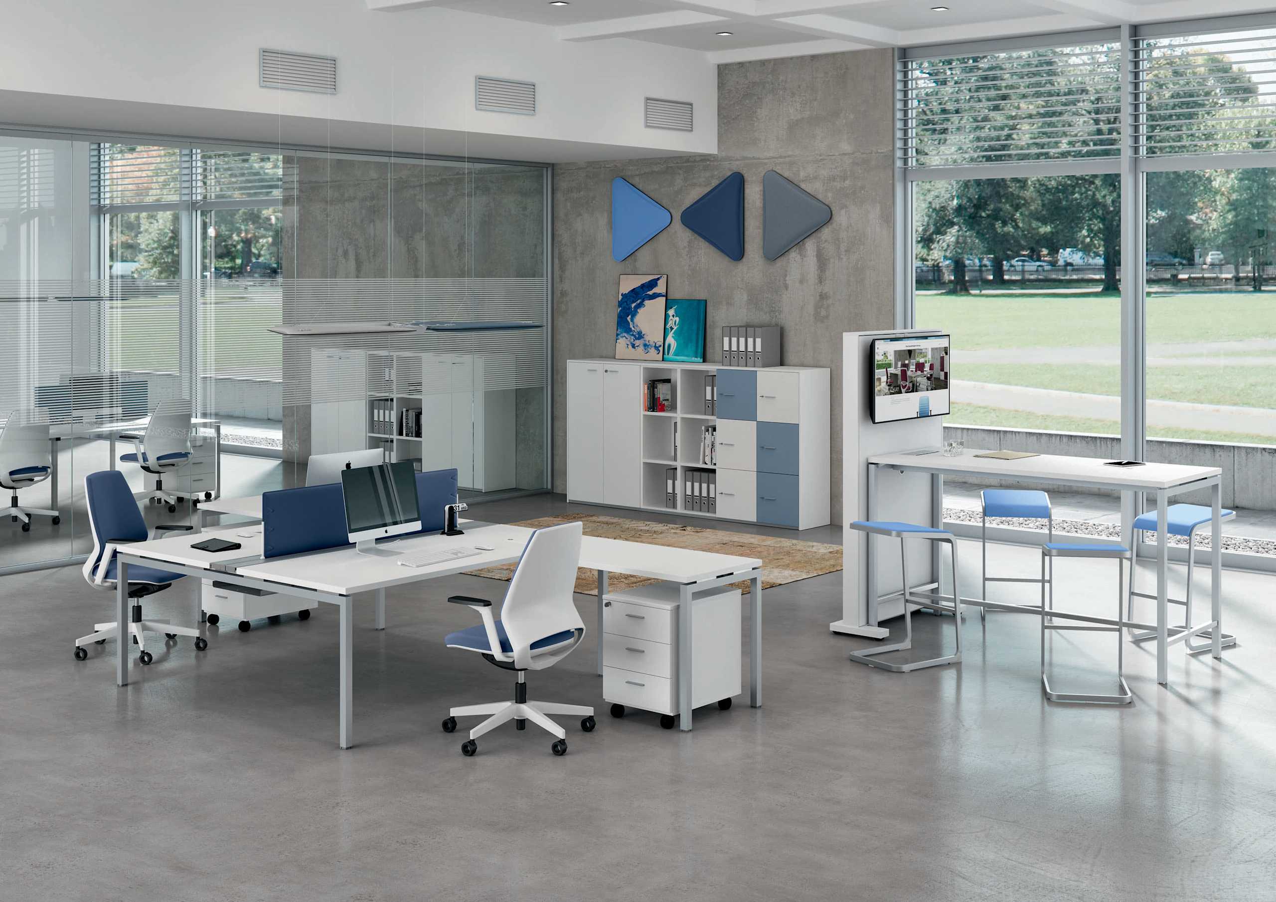 11. Escritorio doble con lateral + Mesa de reunión alta