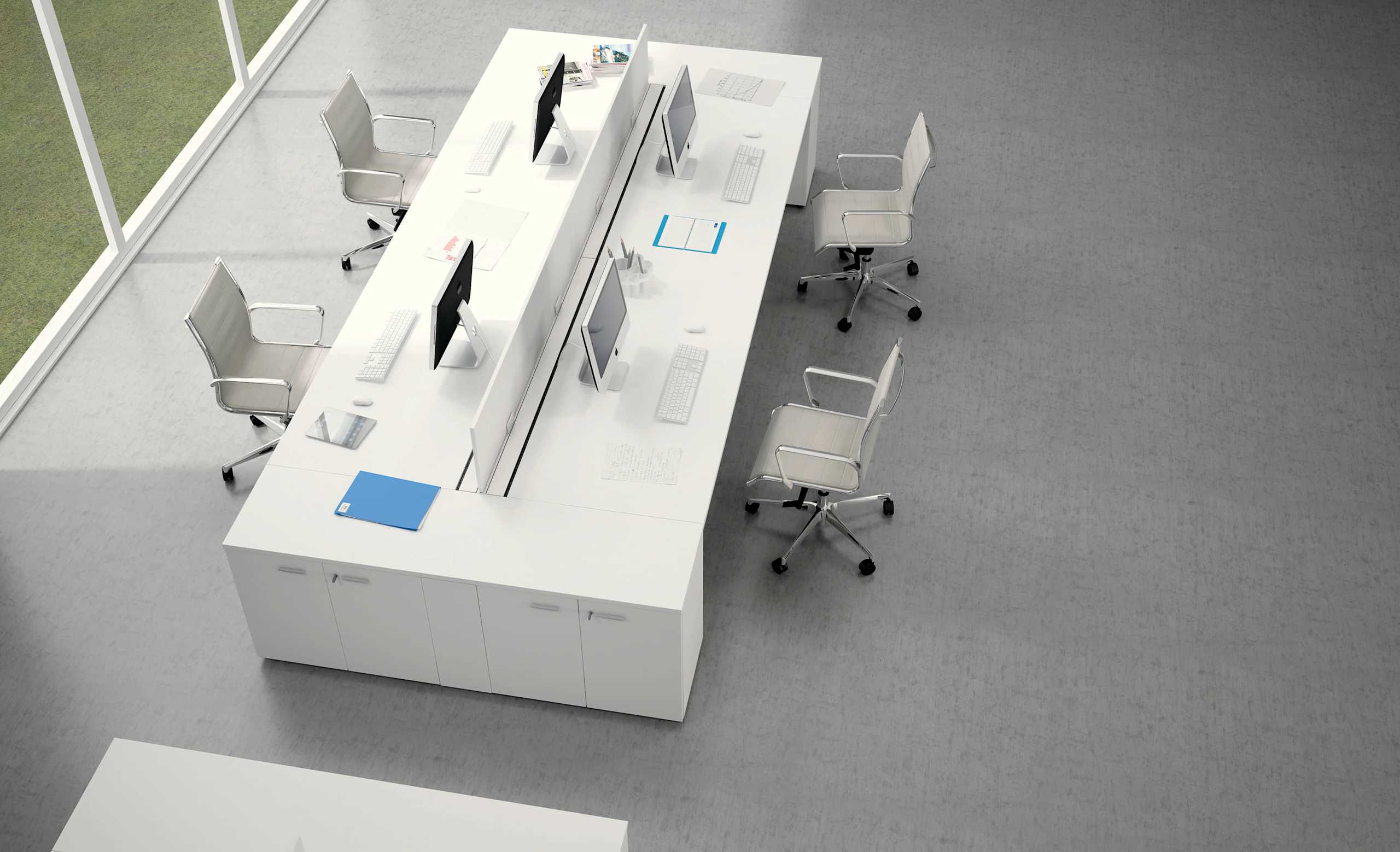 14. Mesa de trabajo con panel divisorio + Laterales de libreros con puertas