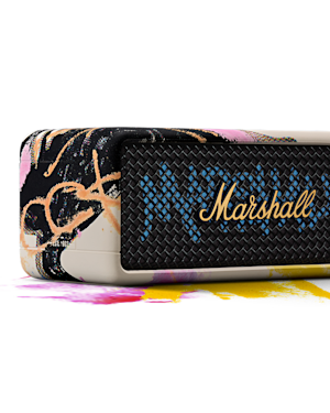 Side view of Emberton III Lunar New Year Edition 2026 speaker with a black and multicolored abstract paint design, featuring the brand name in gold on the front grill.