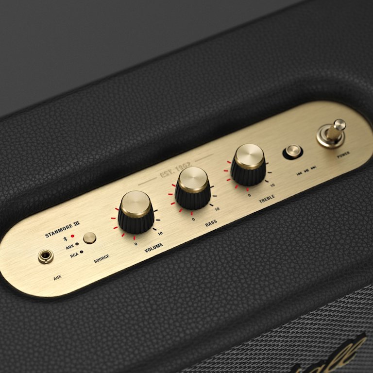 A close up of a black Marshall STANMORE III BLACK amp with gold knobs.