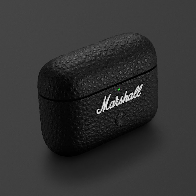 Motif II A.N.C. Charging Case against a dark backround.