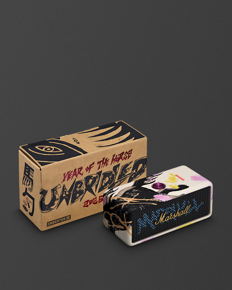 A limited edition Marshall Emberton III Lunar New Year Edition 2026 speaker with Year of the Horse artwork sits next to its matching illustrated box.