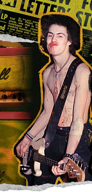 A collage of two Sex Pistols members alongside a Marshall amplifier