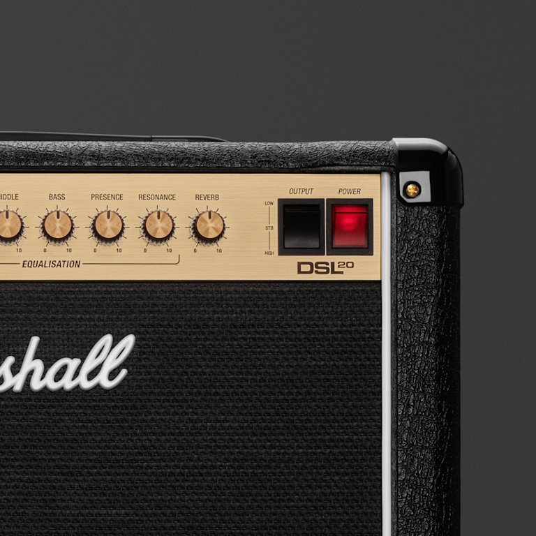 Marshall DSL20C zoomed in on right corner on grey bacckground