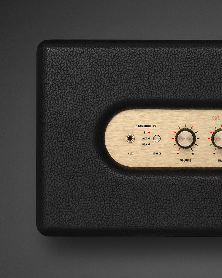 Top left view of Marshall Stanmore IV Black Bluetooth speaker.