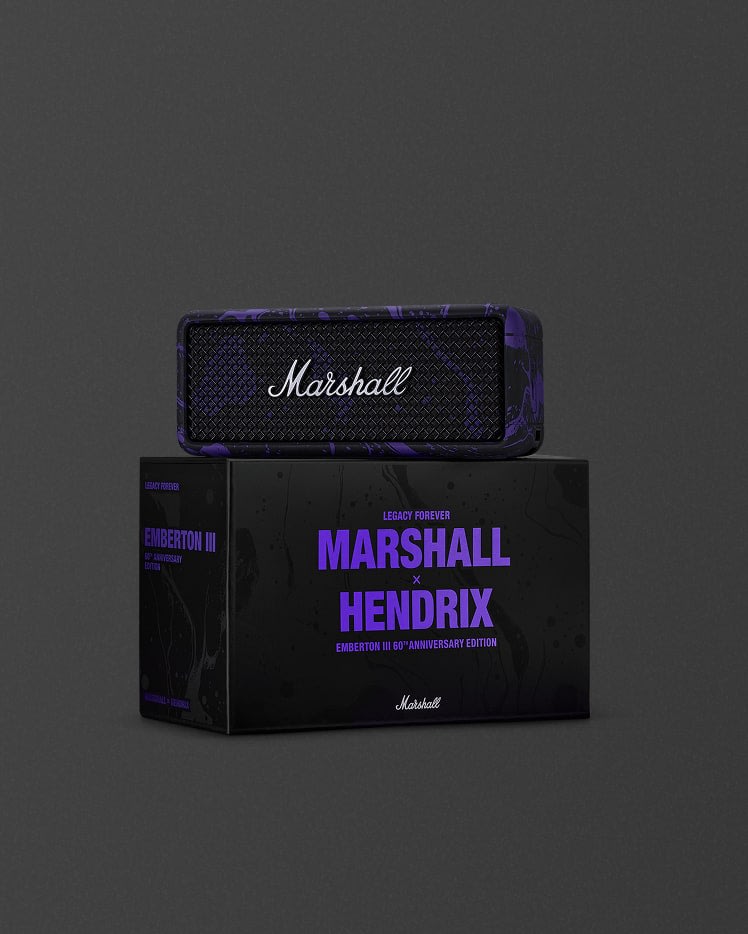 Marshall Emberton III Hendrix Edition portable speaker displayed on top of its box labeled "Marshall x Hendrix Emberton III 60th Anniversary Edition".