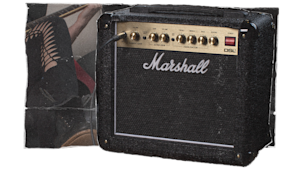 A Marshall guitar amplifier with control knobs and input jack, positioned in front of a person wearing black, lace-up pants.