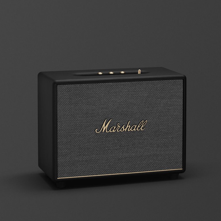 The WOBURN III BLACK from Marshall, a sleek and stylish home speaker in black and gold.