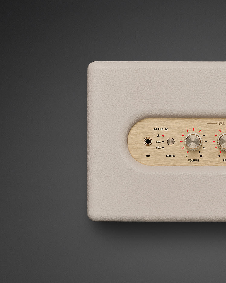 Top left view of Marshall Acton IV Cream Bluetooth speaker.