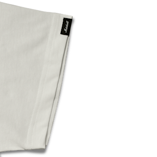 Close-up of the sleeve of a white T-shirt with a small black Marshall label on the hem, displayed against a dark gray background.