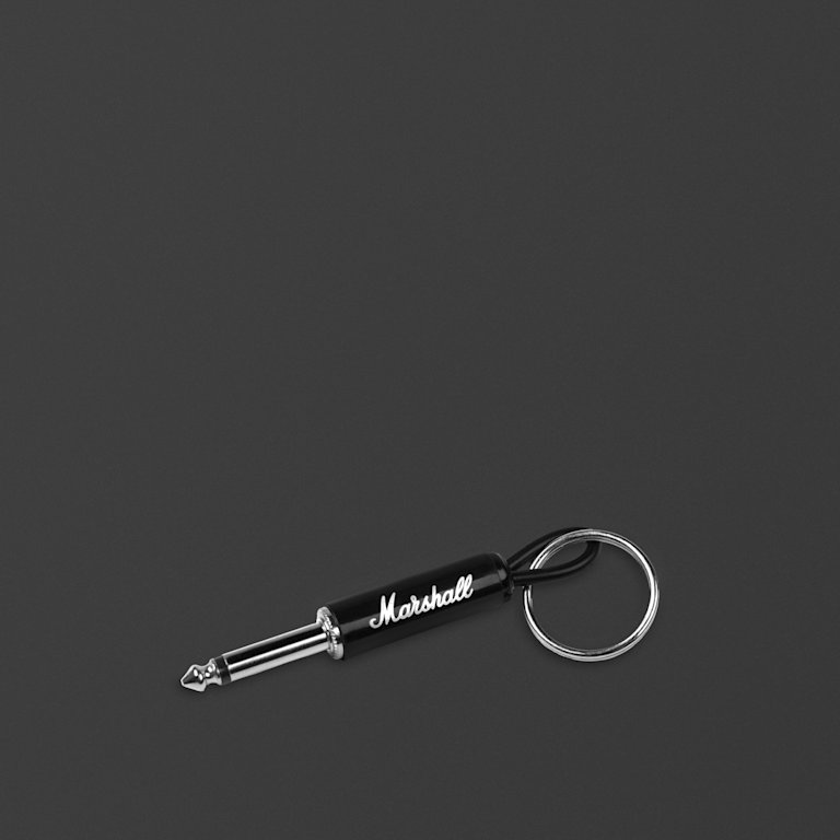 Black guitar jack keychain with Marshall script logo