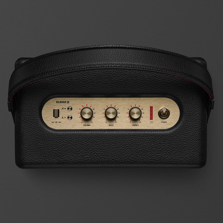 Marshall Kilburn III Black and Brass is a stylish portable speaker with a leather strap, control knobs for volume, bass, treble, plus power switch and indicator lights.