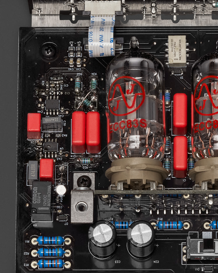 Close-up of an electronic circuit board of Marshall JCM800 Synergy Preamp Module.