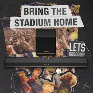 A collage of the TV Sound bar Marshall Heston 120 Black and Brass