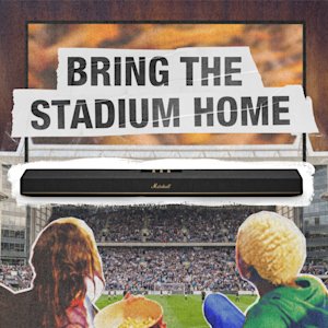 A collage of the TV Sound bar Marshall Heston 120 Black and Brass