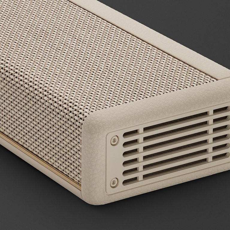 Close-up of the Marshall Heston 60 Cream soundbar.