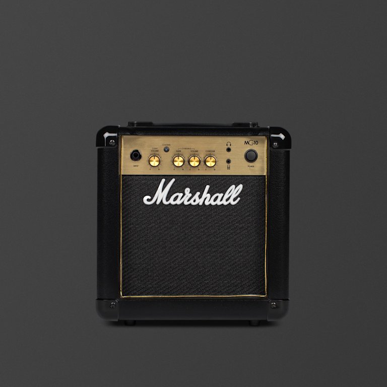 Marshall's MG10 black and gold amplifier.