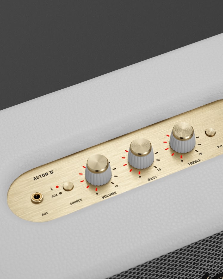 A close up on the control panel of a Marshall Acton II White speaker