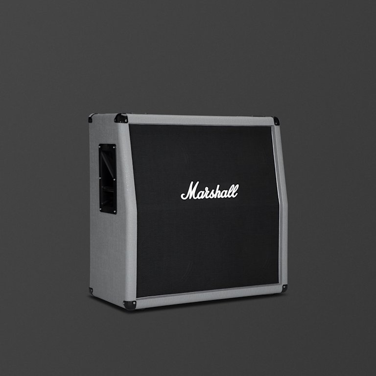 A Marshall 2551AV Silver Jubilee reissue cabinet in silver vinyl on a dark grey background.