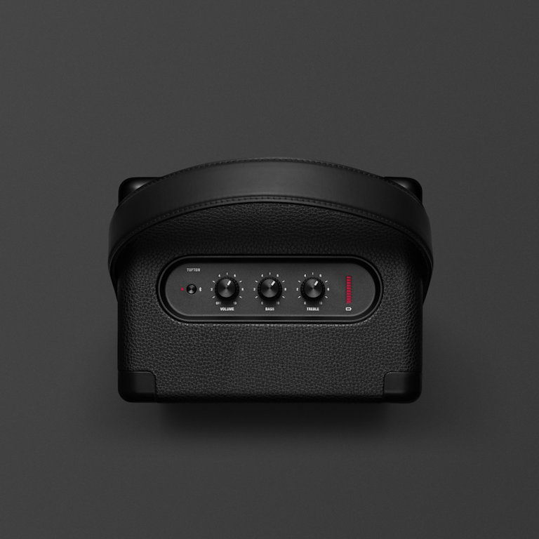 A black speaker, the Marshall Tufton Black, on a black background.