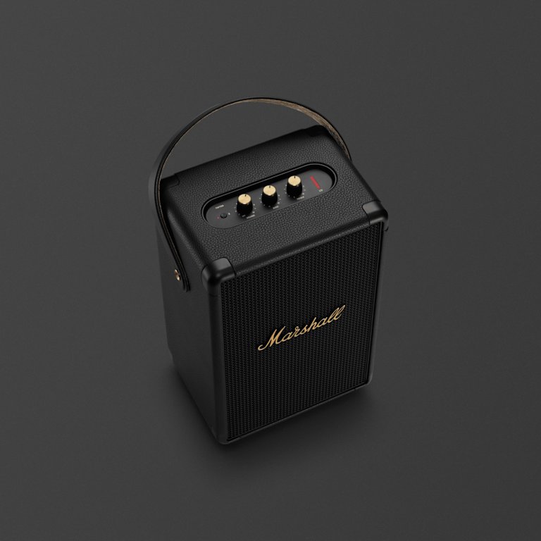 An angled view of the control buttons of the Marshall Tufton Black and Brass portable speaker.