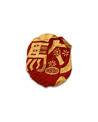 A crumpled red and yellow wrapper with Unbridled logo.