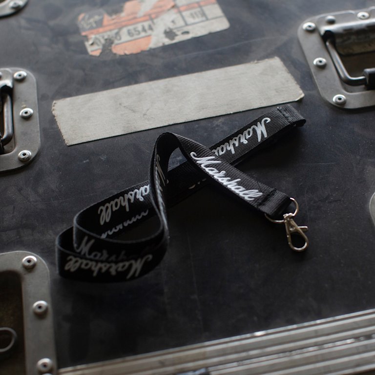 Marshall lanyard in black with white logo zoomed in