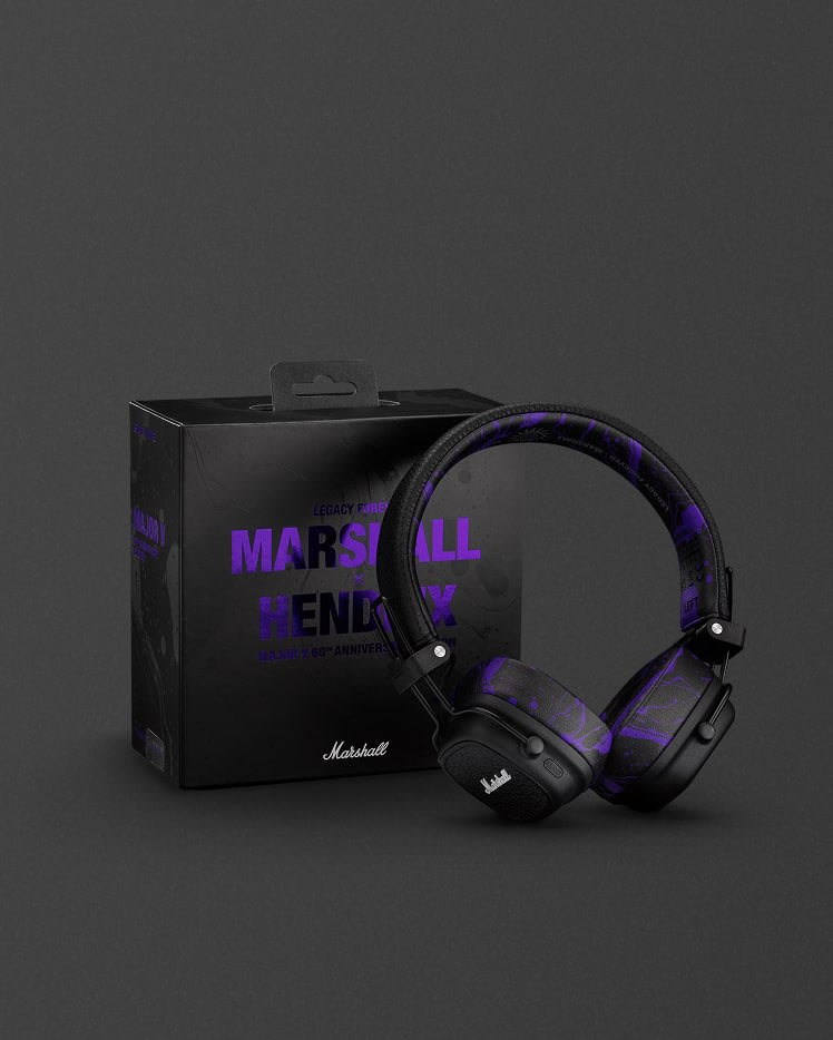 Marshall Hendrix Limited Edition headphones displayed next to their matching packaging, set against a plain dark background.