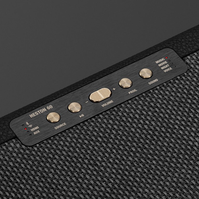 Close-up of the Marshall Heston 60 Black control panel with brass knobs and buttons for input, volume, bass, audio source, and sound mode - ideal for enhancing your soundbar setup.