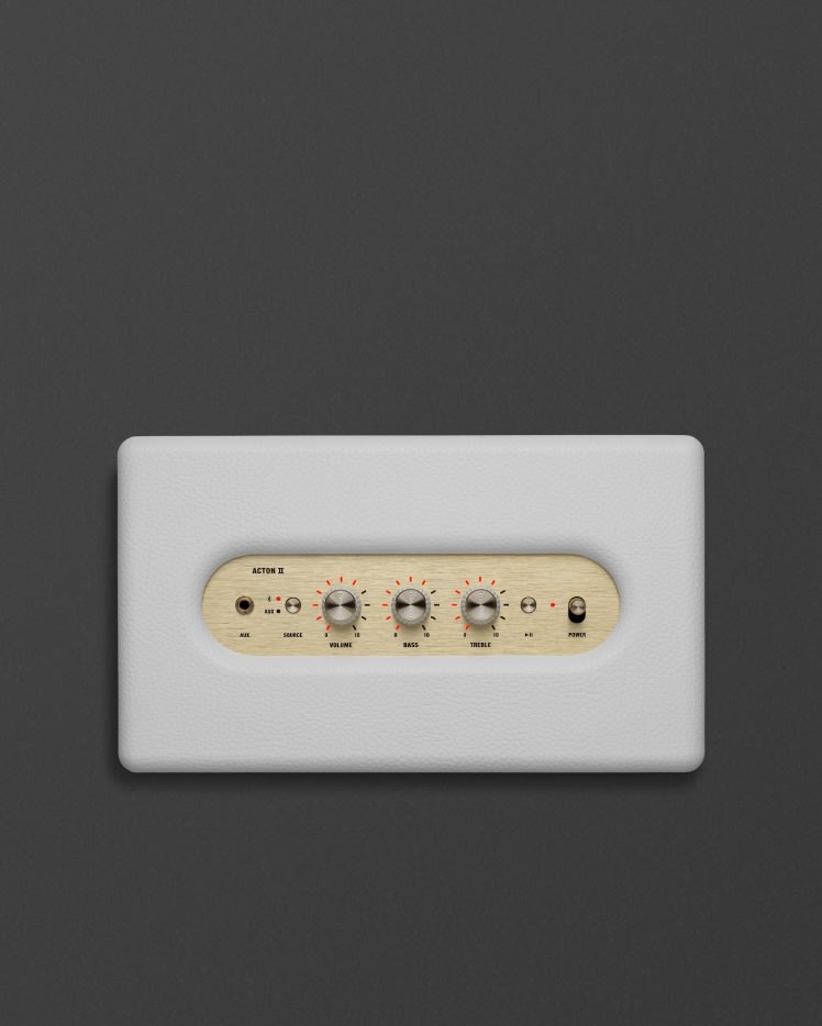 Top view of the golden control knobs of the Marshall Acton II Bluetooth White speaker