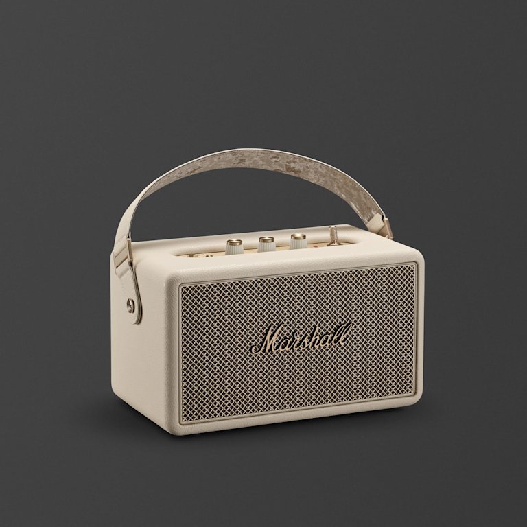 Marshall Kilburn III Cream portable bluetooth speaker, featuring a carrying strap and top-mounted control knobs.