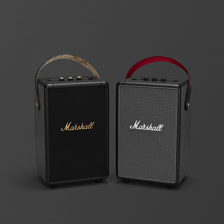 Two Marshall Tufton portable speakers on a black background.